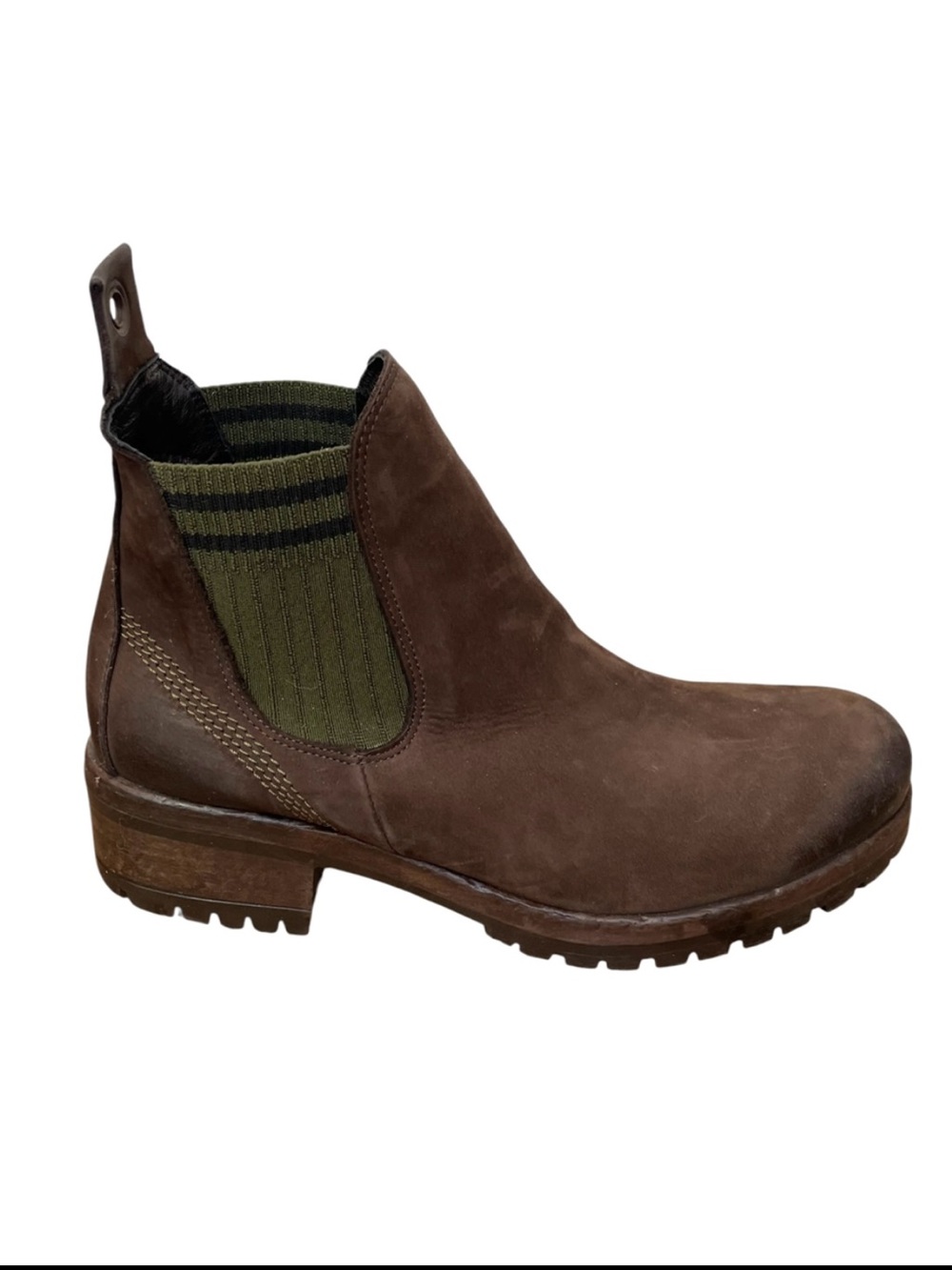 Bueno Brown Suede Ankle Chelsea Boot with Olive Knit Panels 8